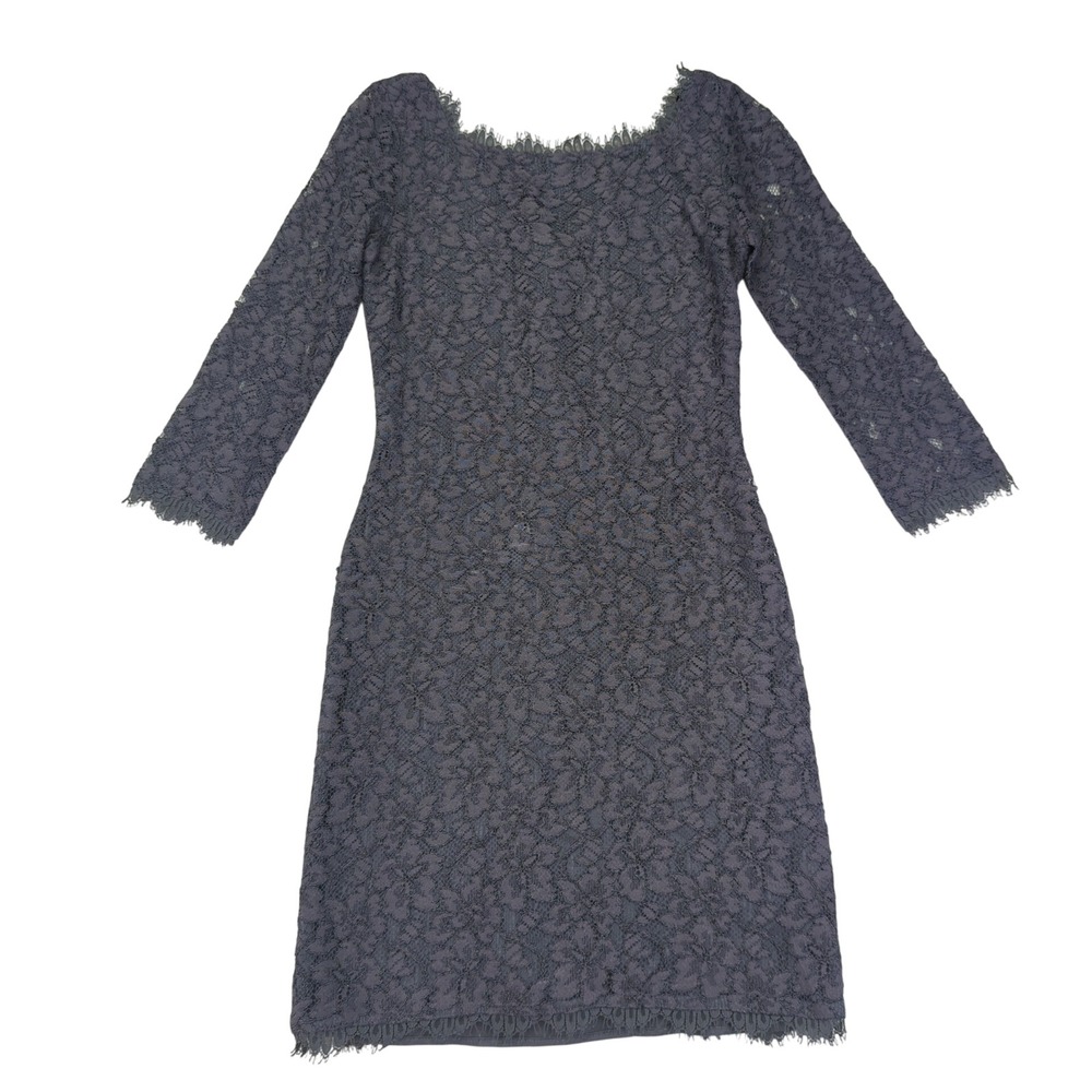 Diane von Furstenberg Gray Lace Zarita Dress Fitted Midi Long Sleeve‎